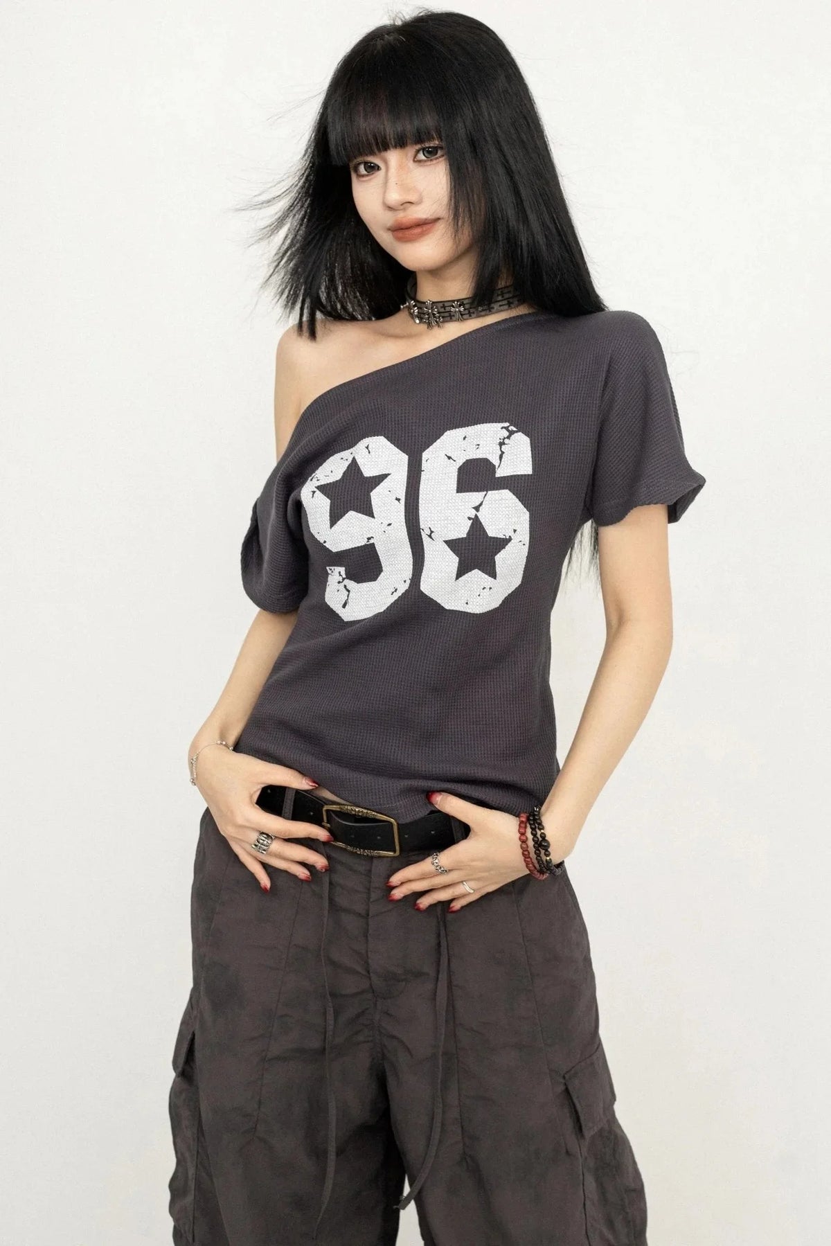 Vintage Print Slant-Shoulder T-Shirt