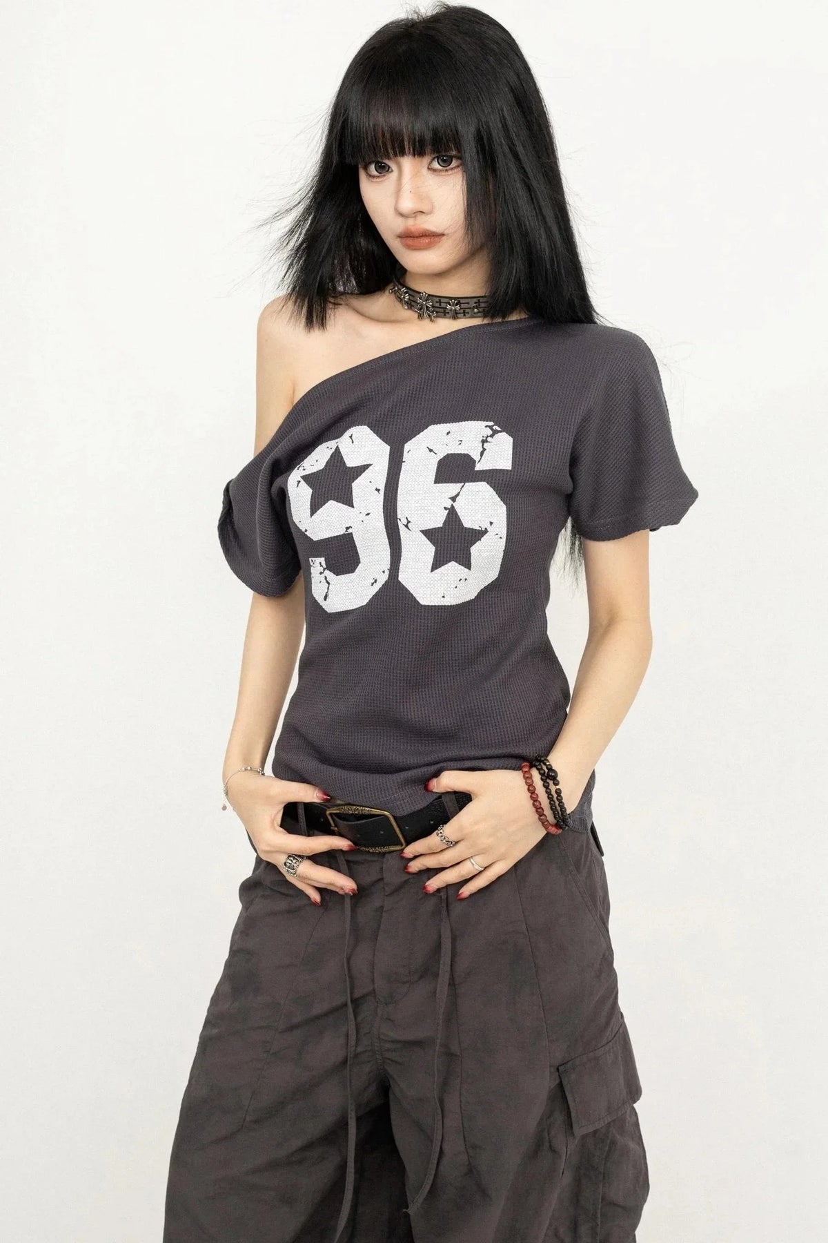 Vintage Print Slant-Shoulder T-Shirt