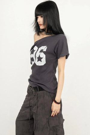Vintage Print Slant-Shoulder T-Shirt