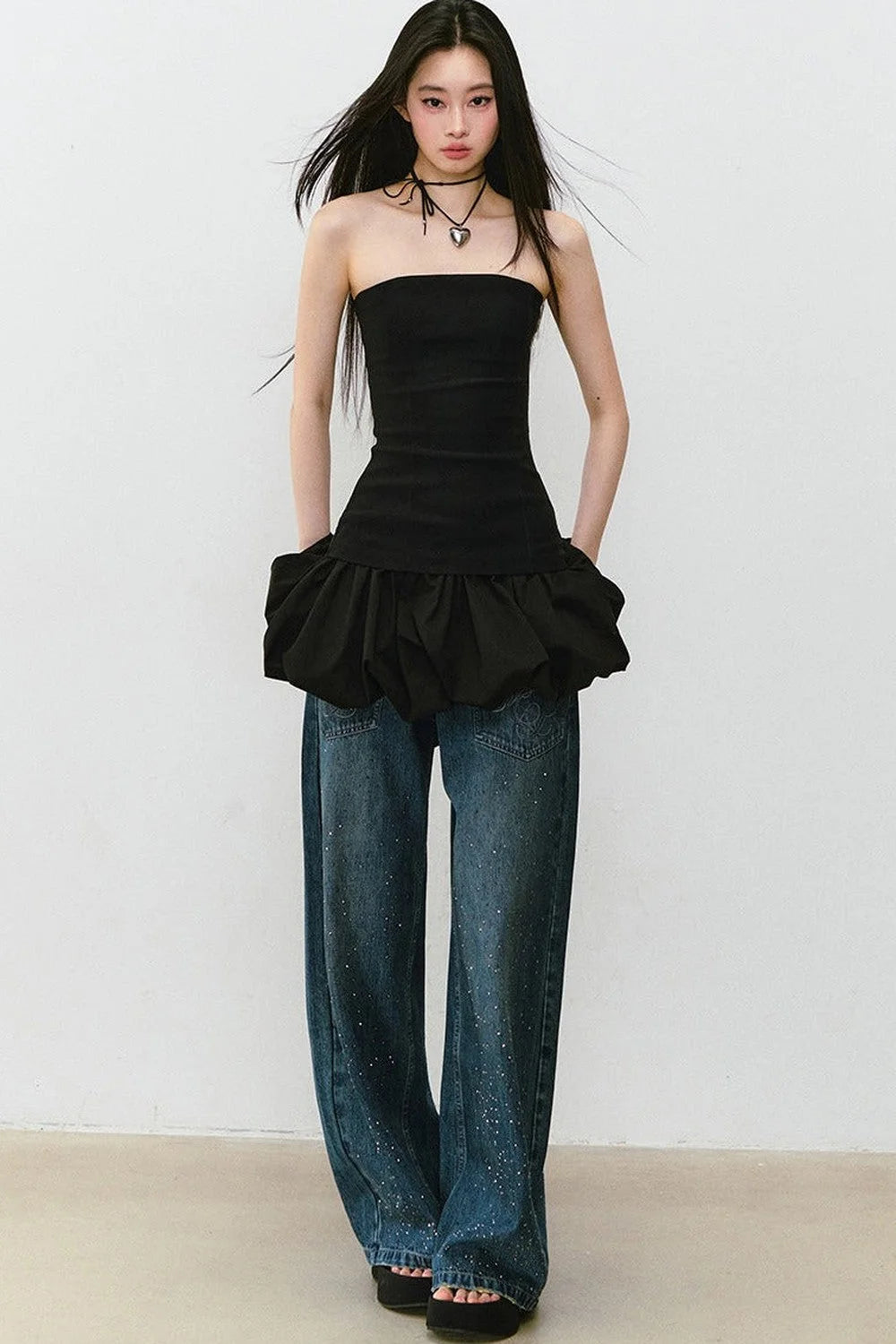 Vintage Rhinestone Wide-Leg Jeans