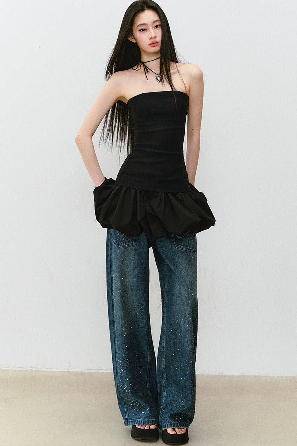Vintage Rhinestone Wide-Leg Jeans