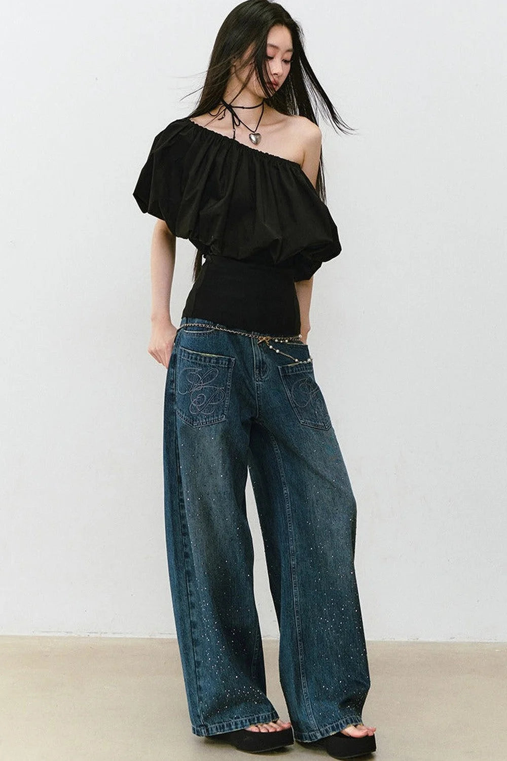 Vintage Rhinestone Wide-Leg Jeans