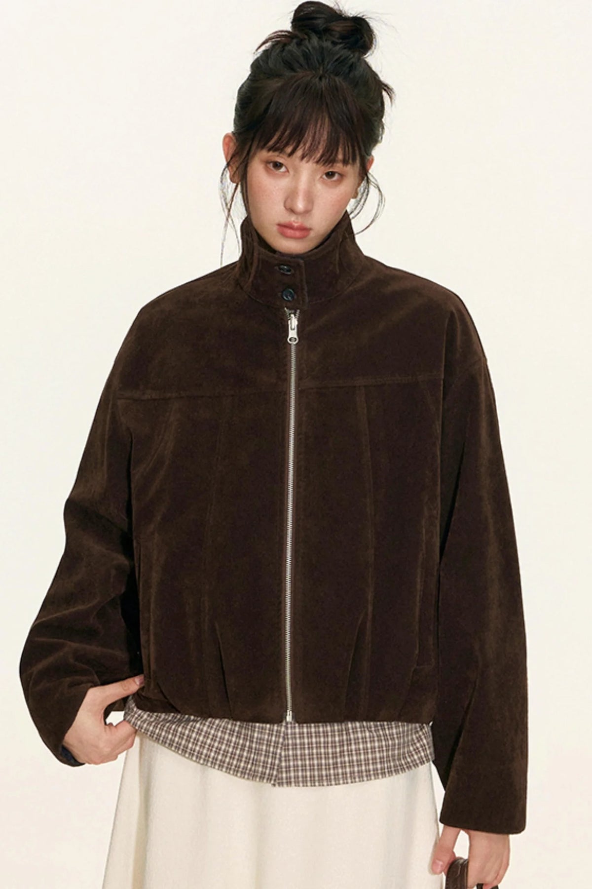 Vintage Suede Plaid Reversible Stand-Up Collar Jacket