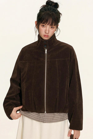 Vintage Suede Plaid Reversible Stand-Up Collar Jacket