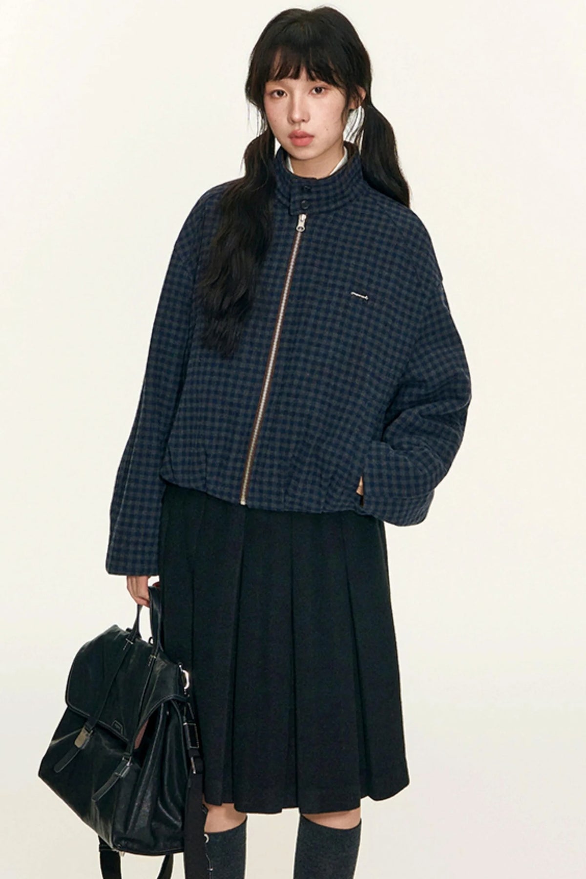 Vintage Suede Plaid Reversible Stand-Up Collar Jacket