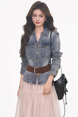 Waist-Cinching Denim Jacket and Skirt Set-Up