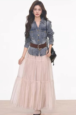 Waist-Cinching Denim Jacket and Skirt Set-Up