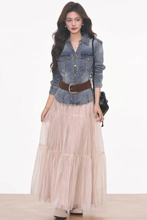 Waist-Cinching Denim Jacket and Skirt Set-Up