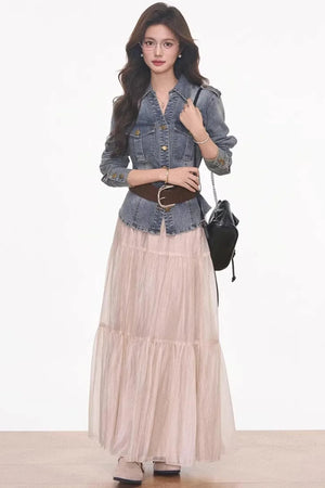 Waist-Cinching Denim Jacket and Skirt Set-Up