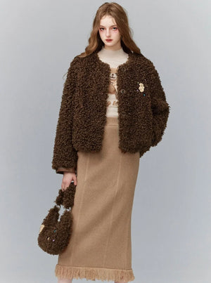 Warm Brown Black Plush Short Jacket