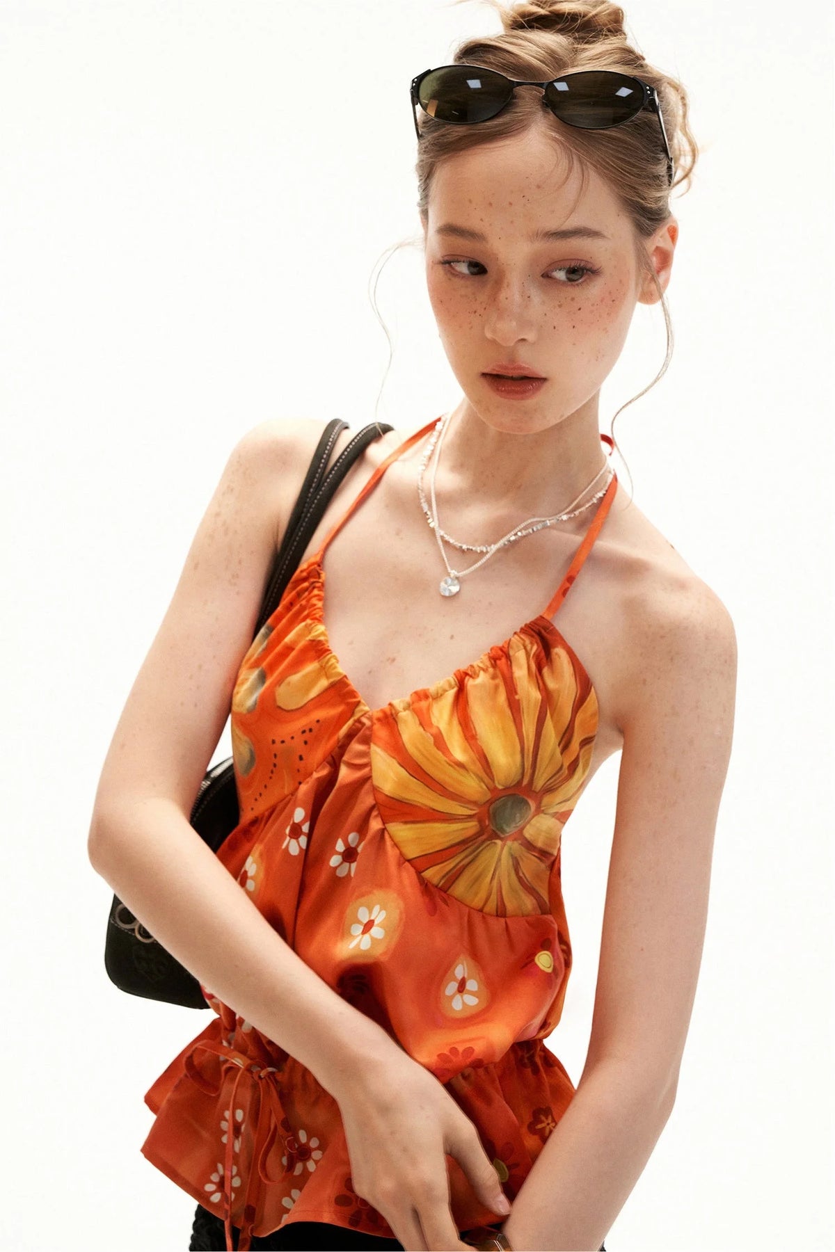 Warm Orange Floral Halter Top