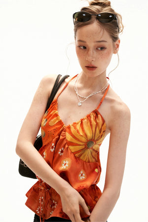 Warm Orange Floral Halter Top