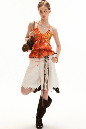 Warm Orange Floral Halter Top