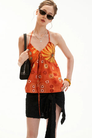 Warm Orange Floral Halter Top