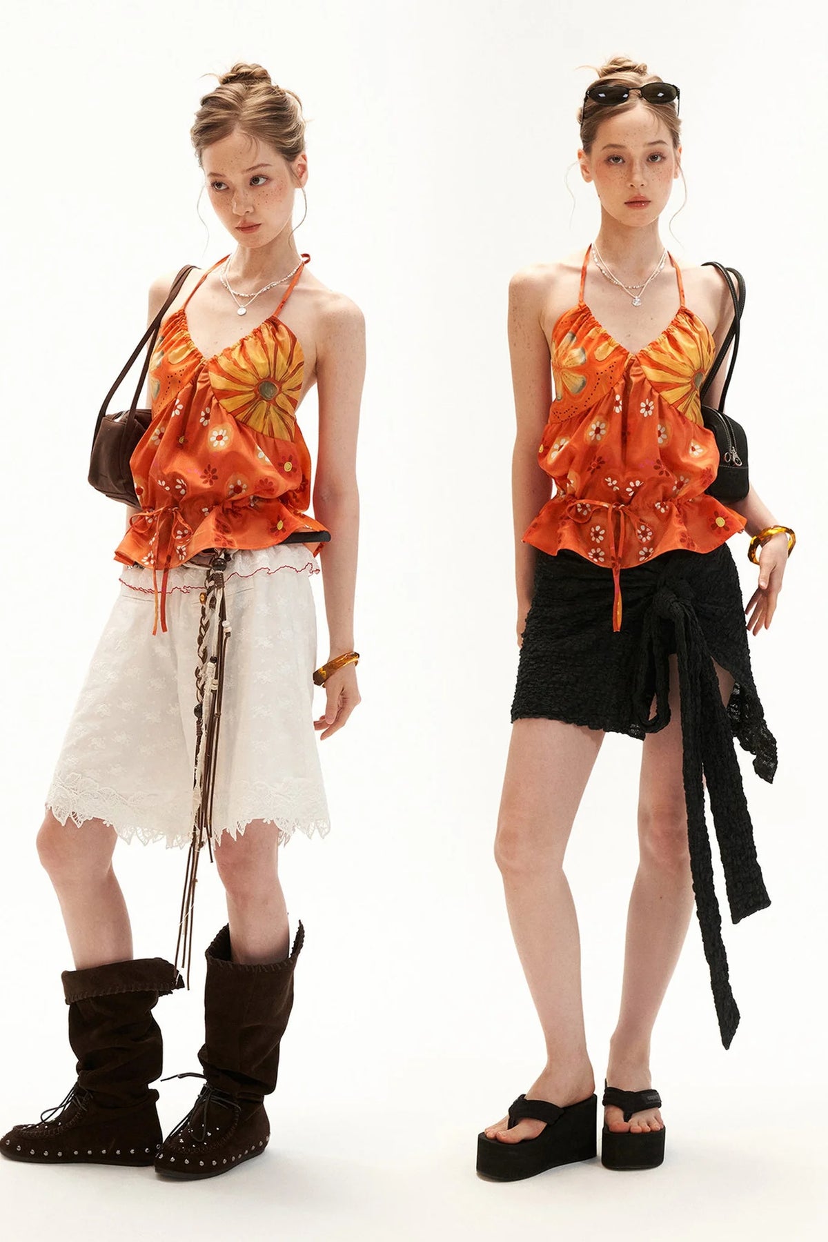Warm Orange Floral Halter Top