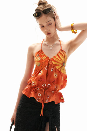 Warm Orange Floral Halter Top