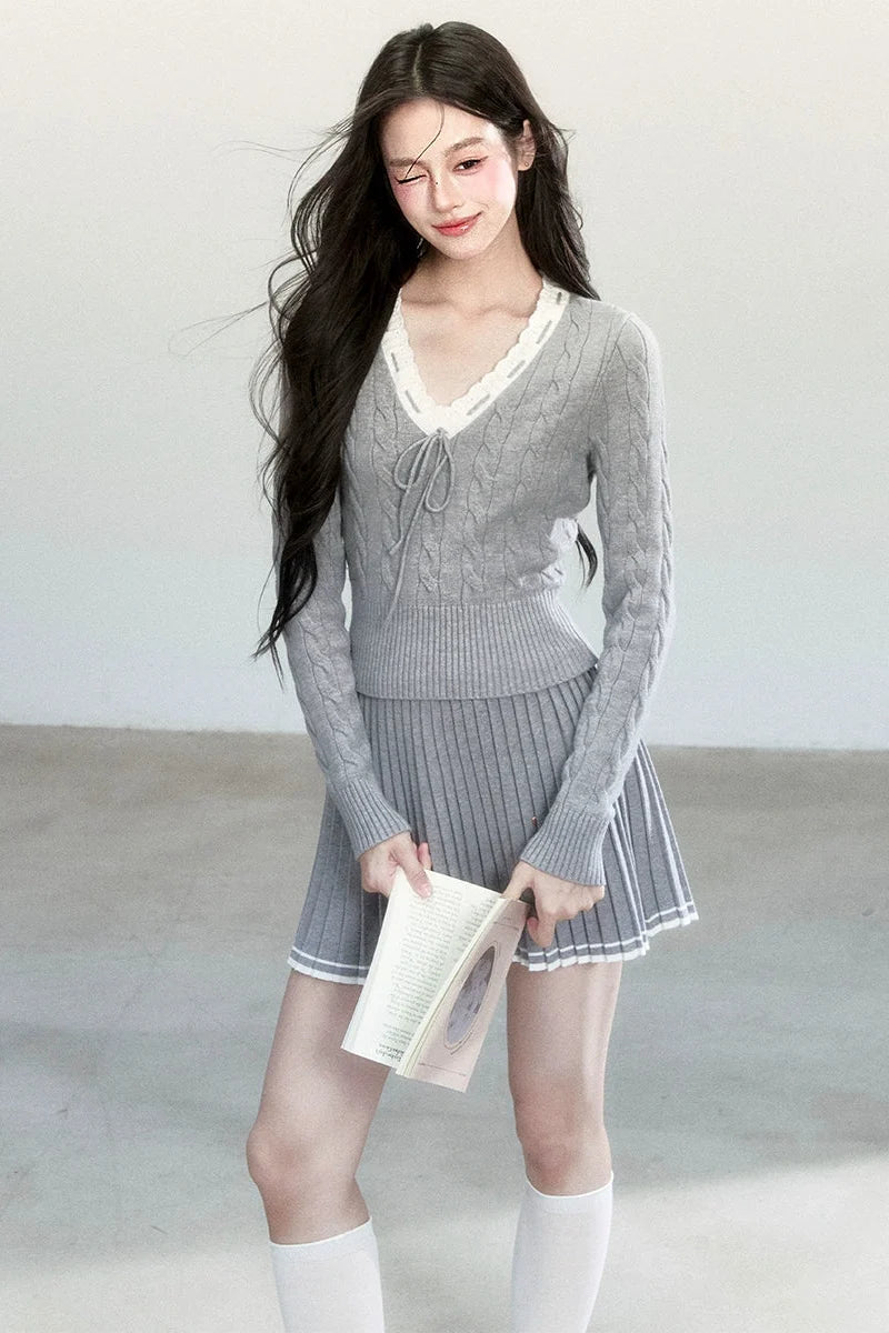Warm Poetry Retro Waist Sweater Skirt Set-Up