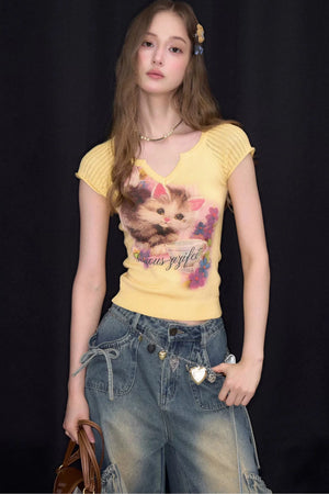 Warm Yellow Cat Print Top