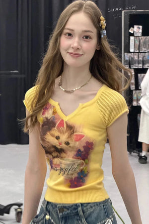 Warm Yellow Cat Print Top