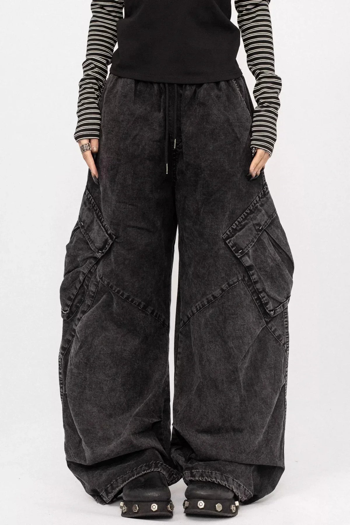 Washed Black-Gray Wide-Leg Jeans