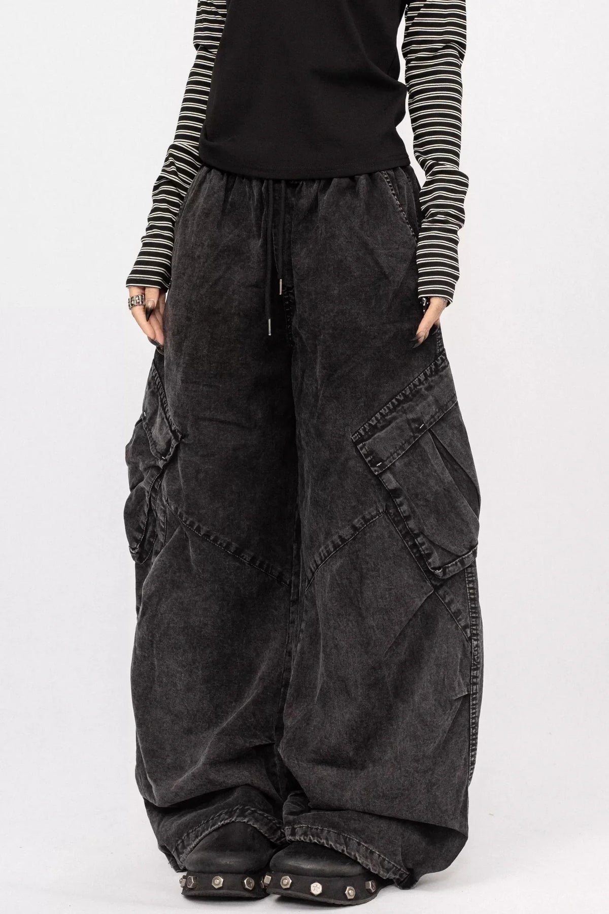 Washed Black-Gray Wide-Leg Jeans