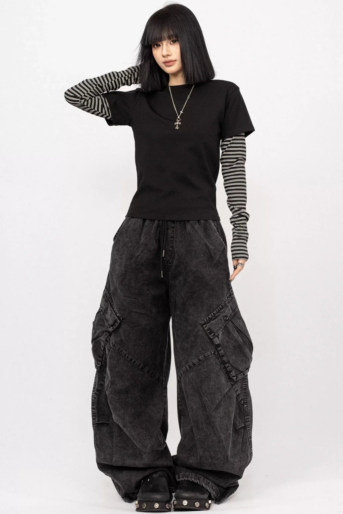 Washed Black-Gray Wide-Leg Jeans