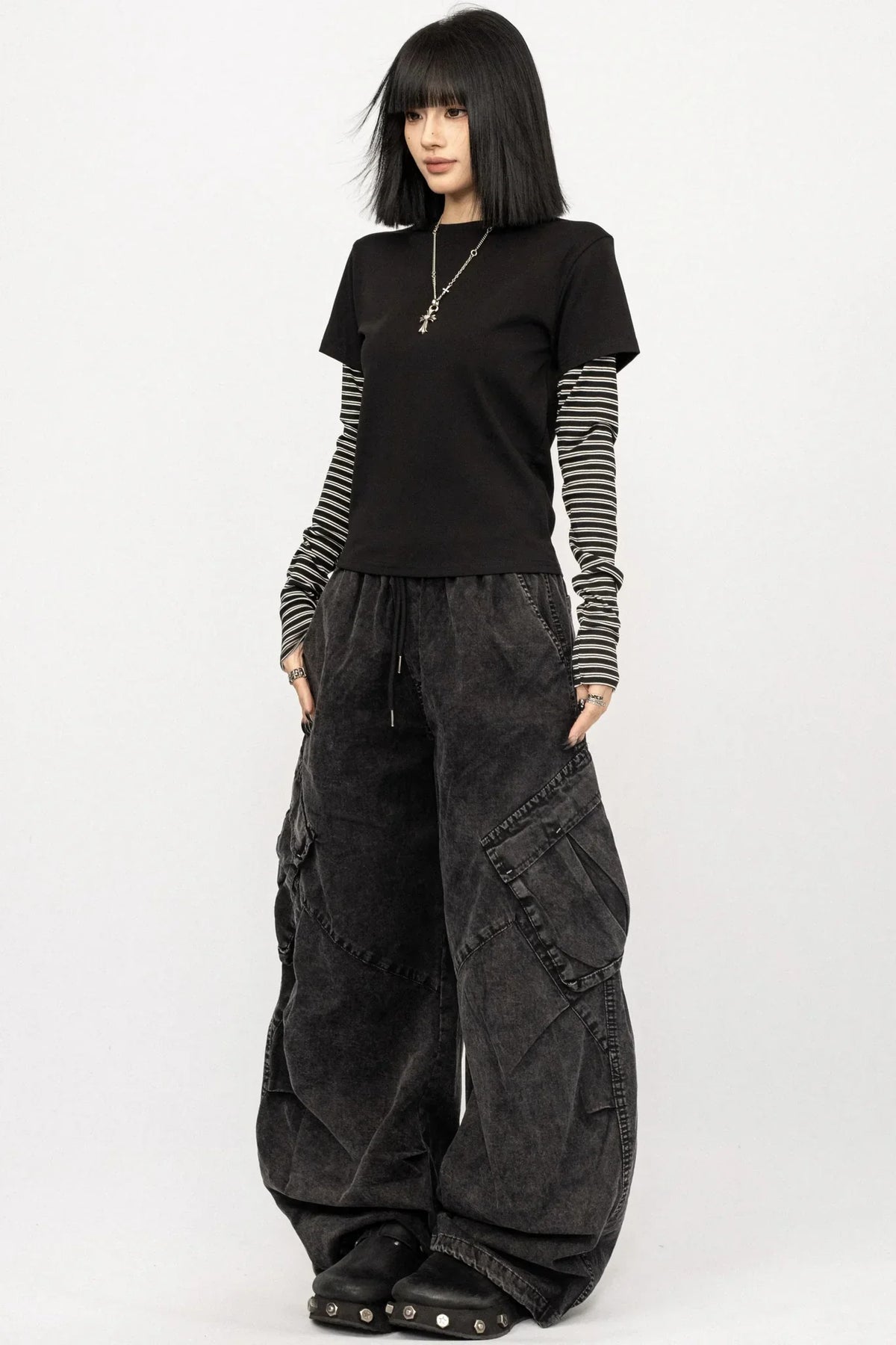Washed Black-Gray Wide-Leg Jeans