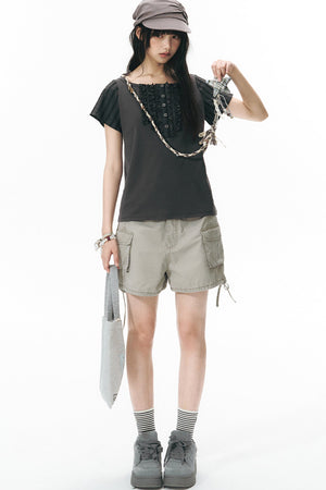 Washed Denim Cargo Shorts