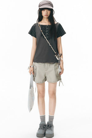 Washed Denim Cargo Shorts