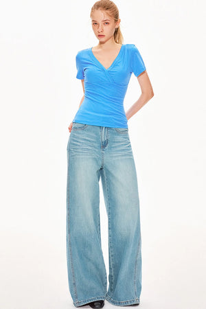 Washed Denim Wide-Leg Pants