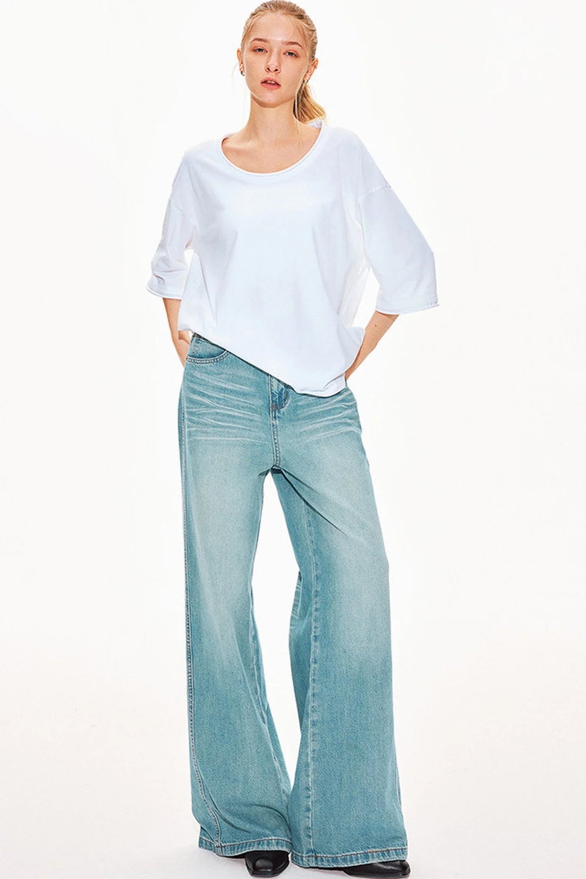 Washed Denim Wide-Leg Pants
