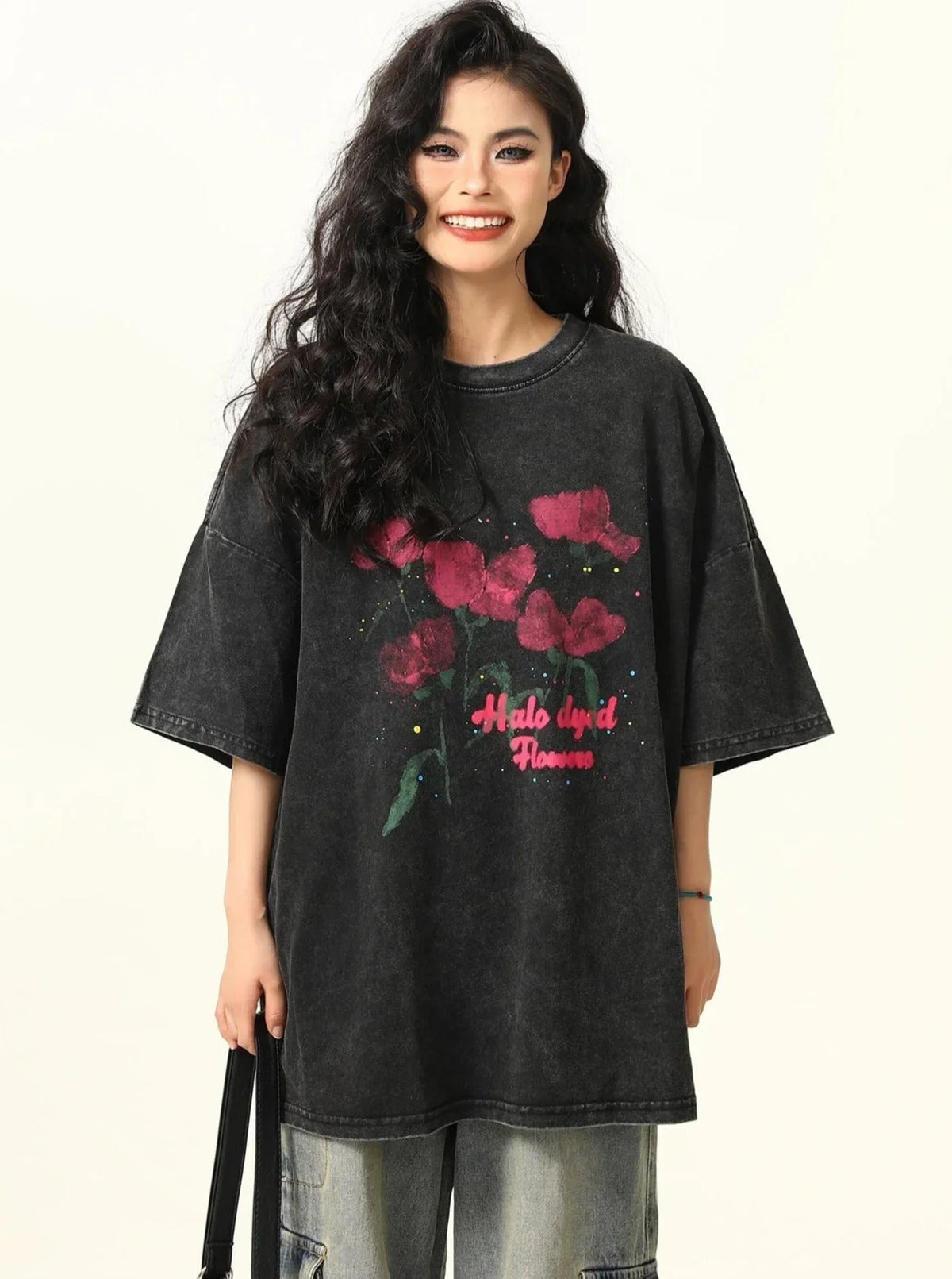 Washed Distressed Rose Print T-Shirt