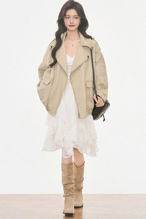 Washed Jacket With Lace Long Sleeve Top and Skirt 3-Piece Set-Up
