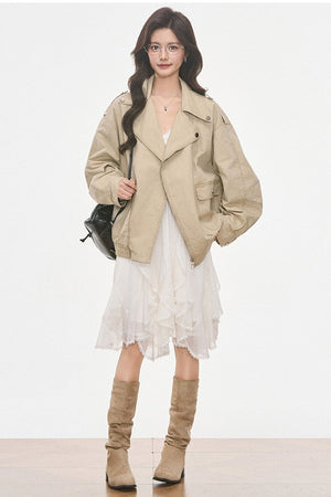 Washed Jacket With Lace Long Sleeve Top and Skirt 3-Piece Set-Up