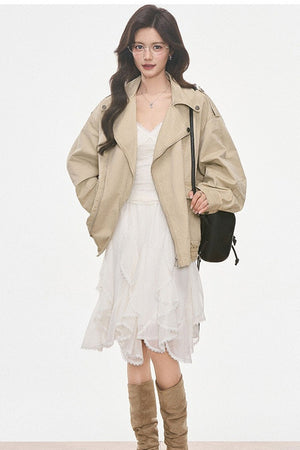 Washed Jacket With Lace Long Sleeve Top and Skirt 3-Piece Set-Up