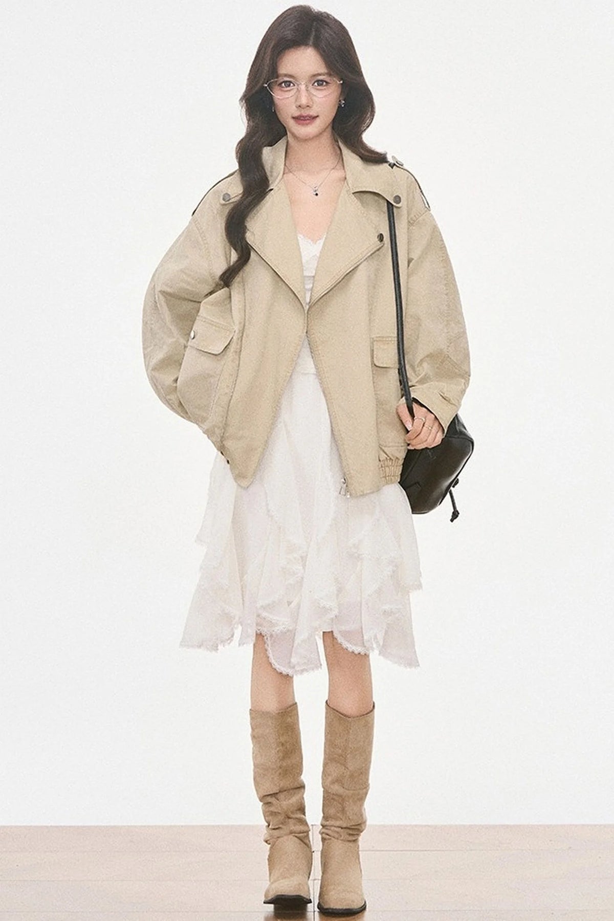 Washed Jacket With Lace Long Sleeve Top and Skirt 3-Piece Set-Up