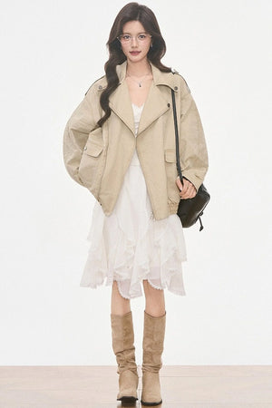 Washed Jacket With Lace Long Sleeve Top and Skirt 3-Piece Set-Up