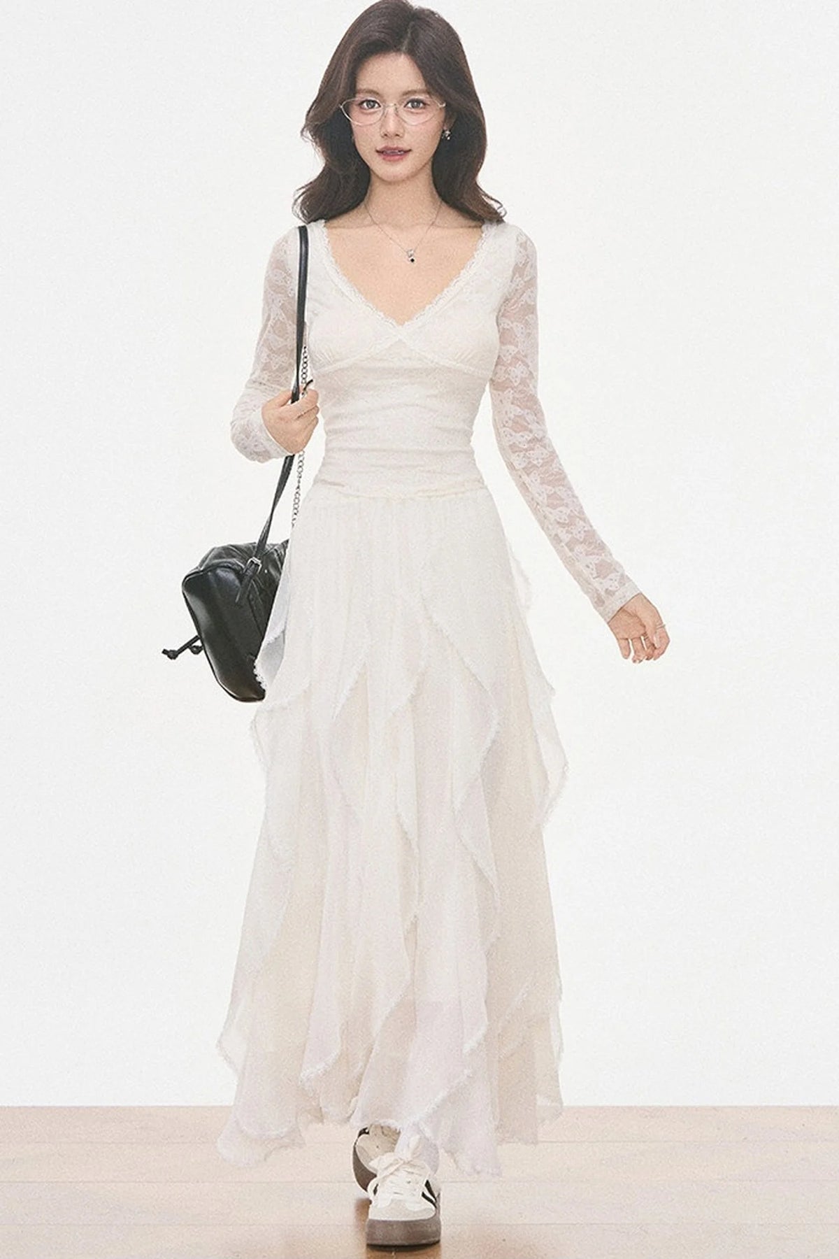 Washed Jacket With Lace Long Sleeve Top and Skirt 3-Piece Set-Up