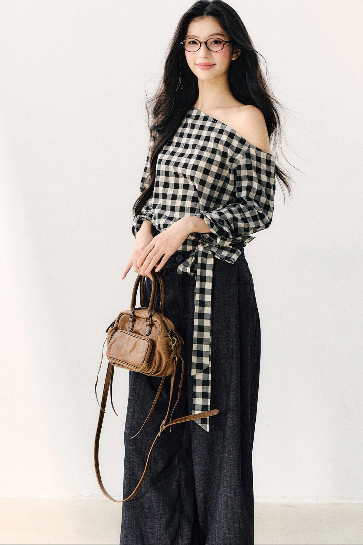 Washed Plaid Tube Top With Bow