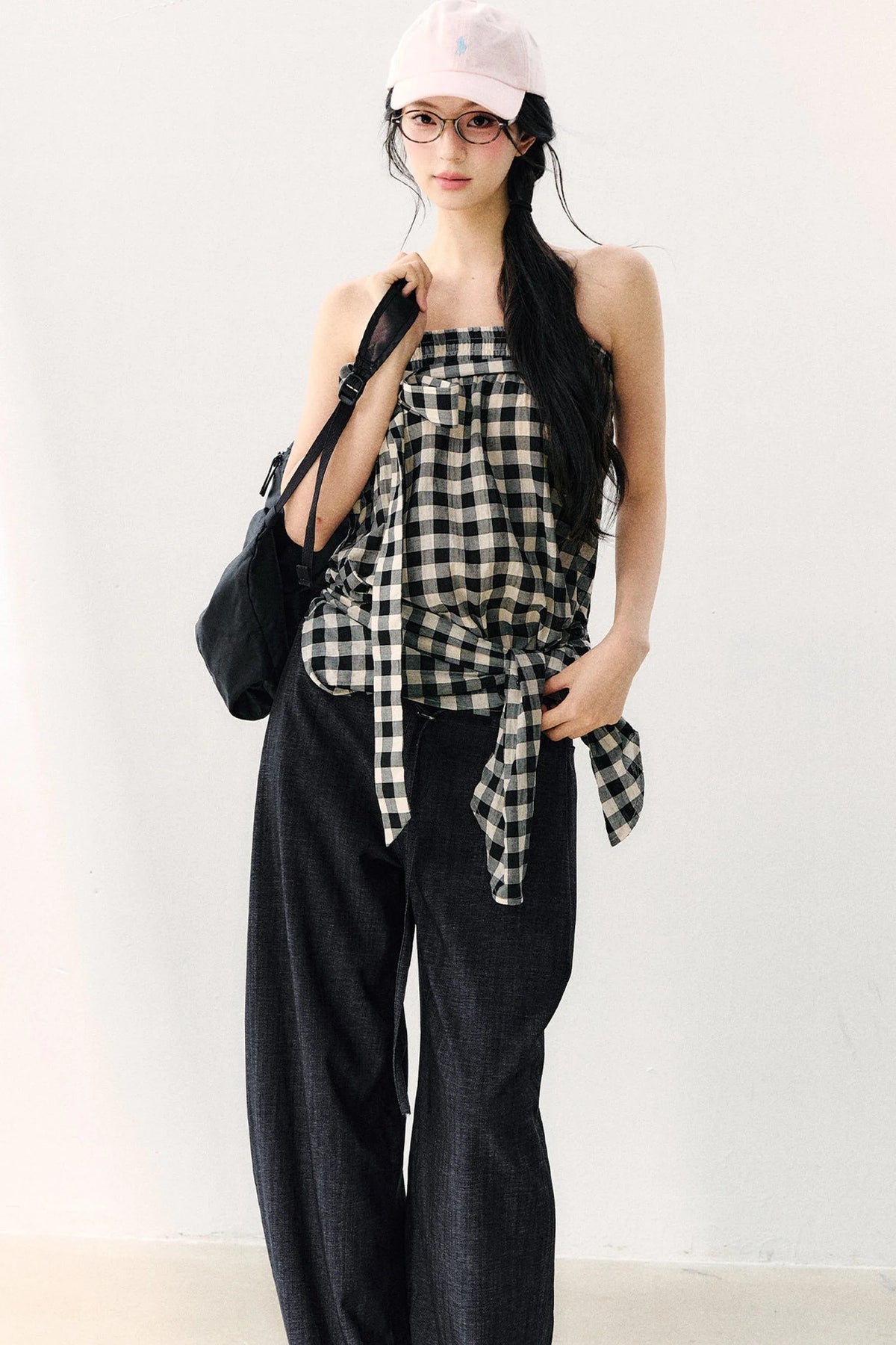 Washed Plaid Tube Top With Bow