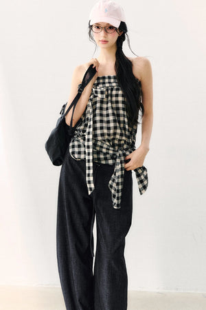 Washed Plaid Tube Top With Bow