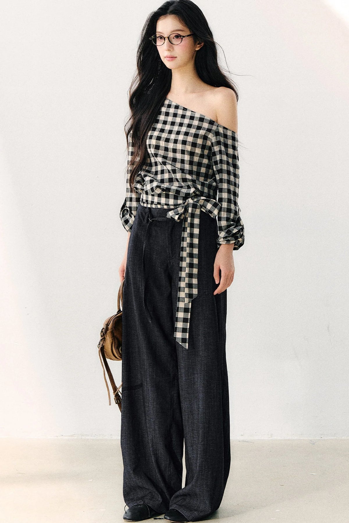 Washed Plaid Tube Top With Bow