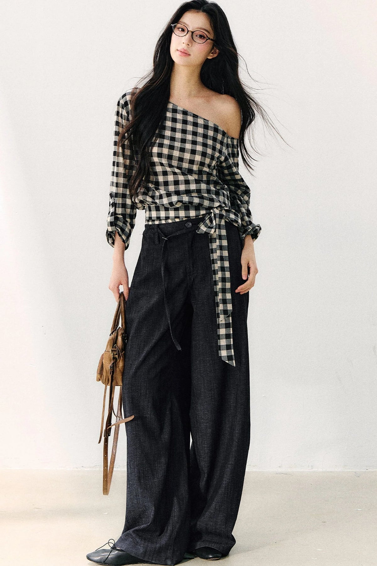 Washed Plaid Tube Top With Bow