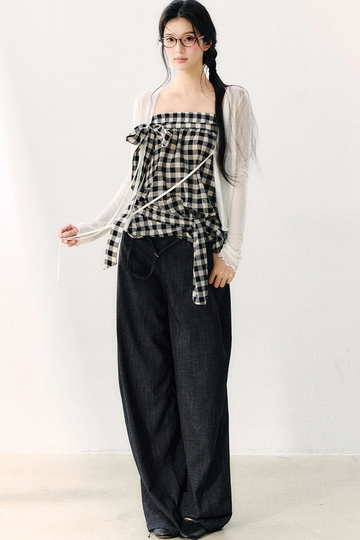 Washed Plaid Tube Top With Bow