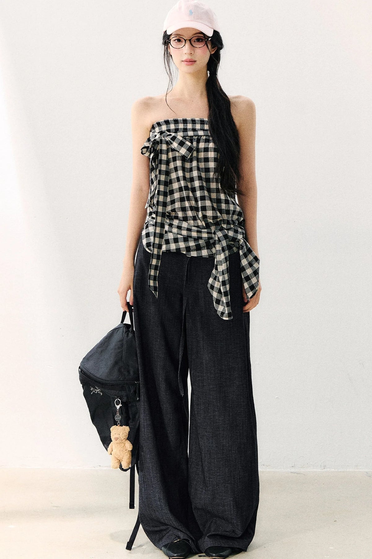 Washed Plaid Tube Top With Bow
