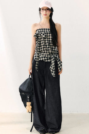 Washed Plaid Tube Top With Bow