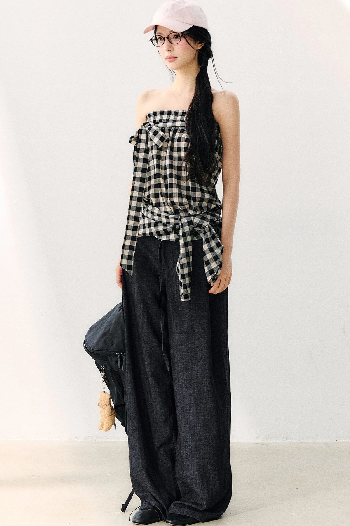 Washed Plaid Tube Top With Bow
