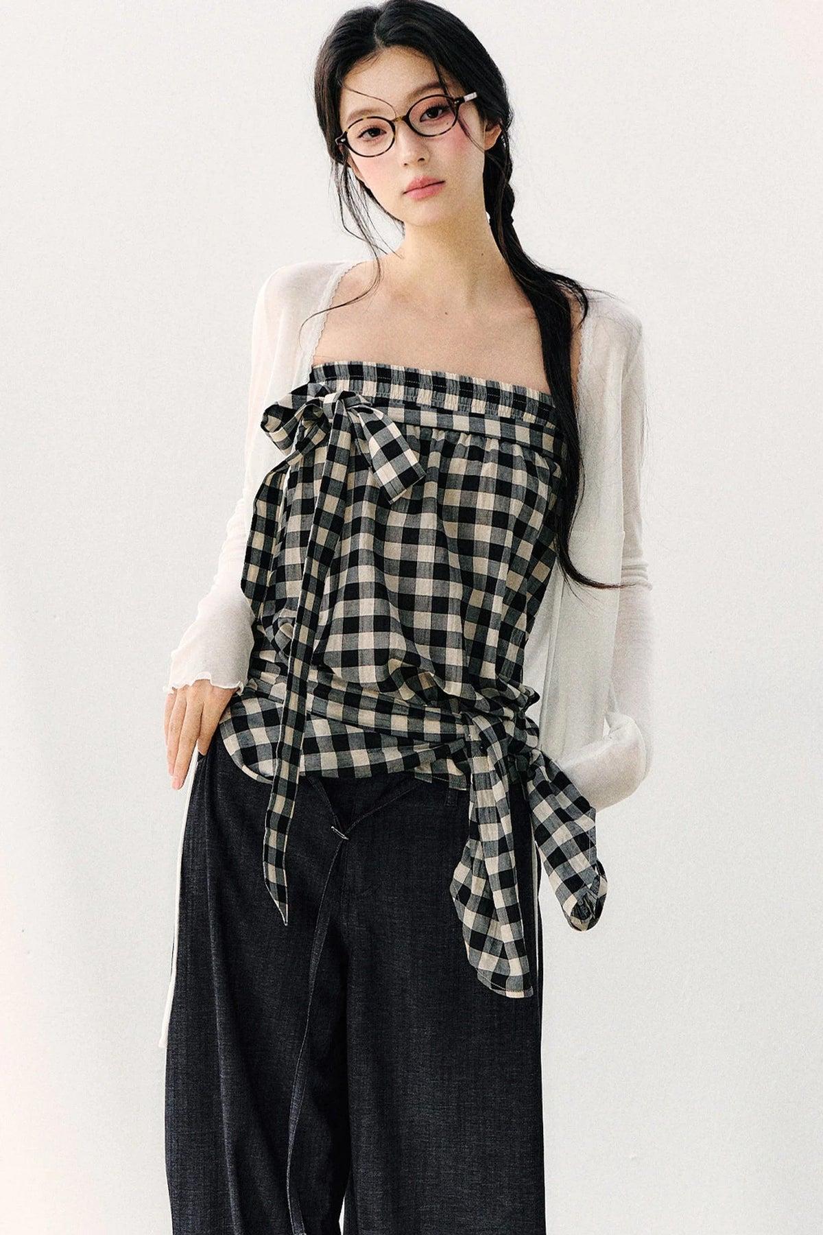 Washed Plaid Tube Top With Bow