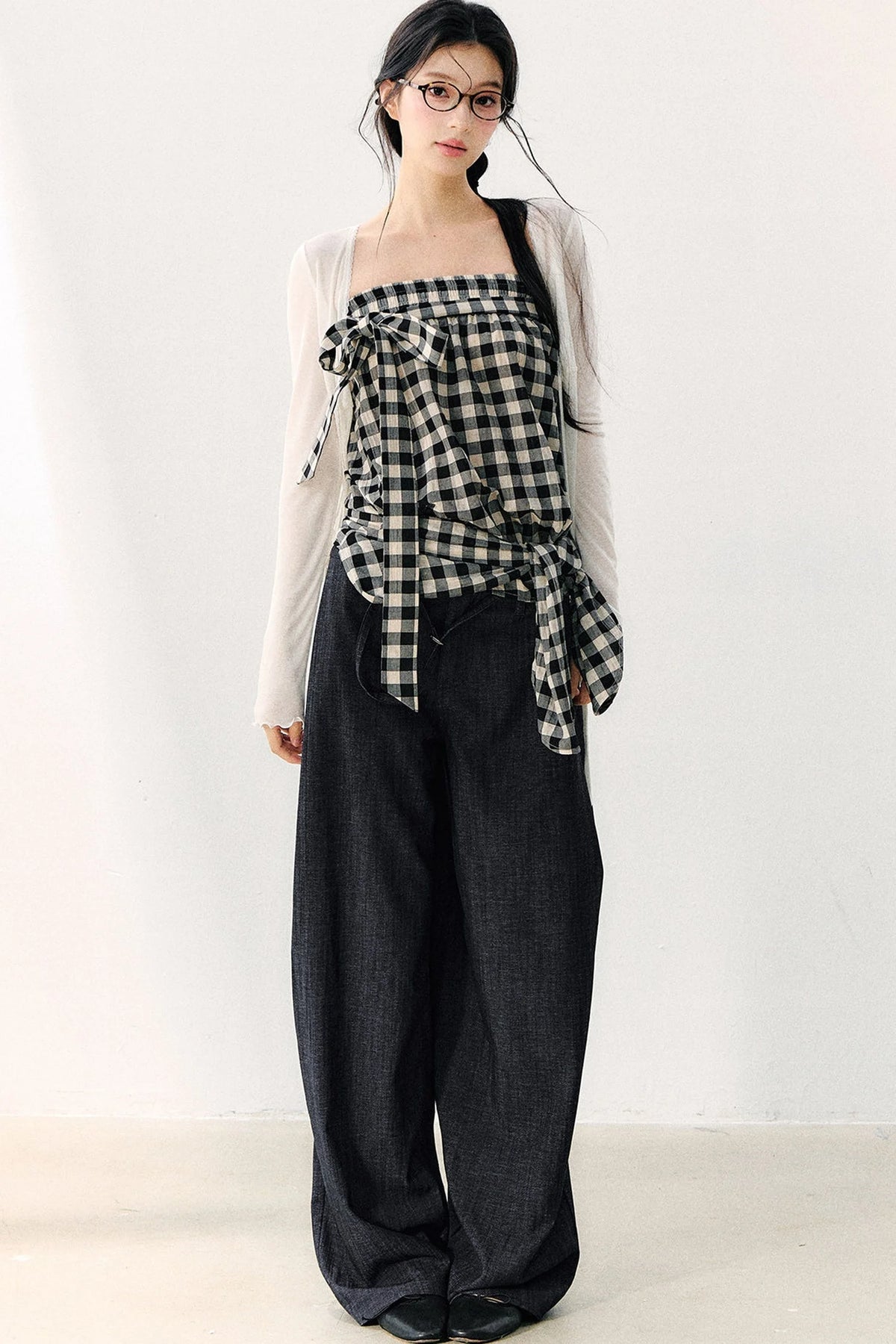 Washed Plaid Tube Top With Bow