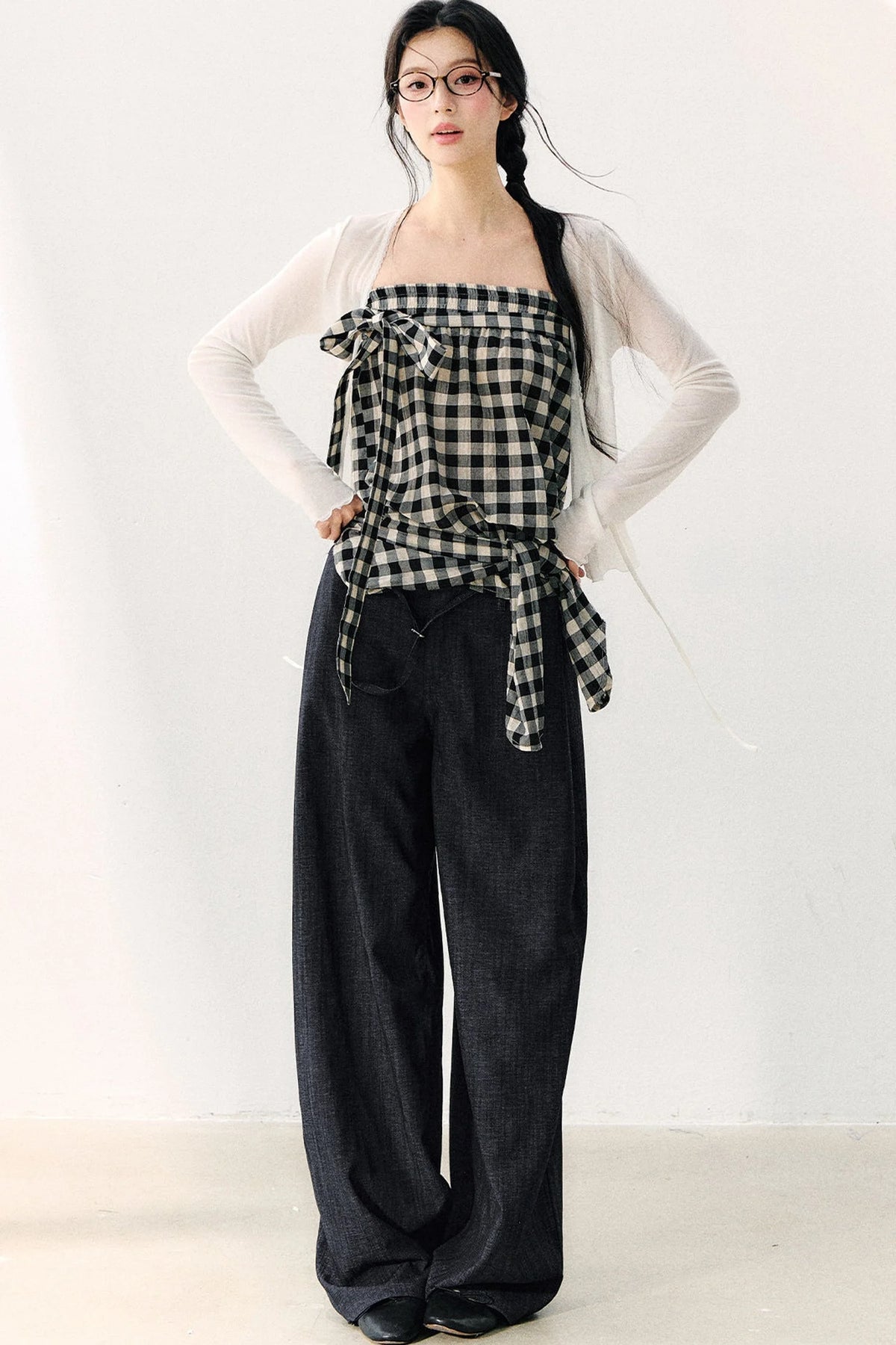 Washed Plaid Tube Top With Bow